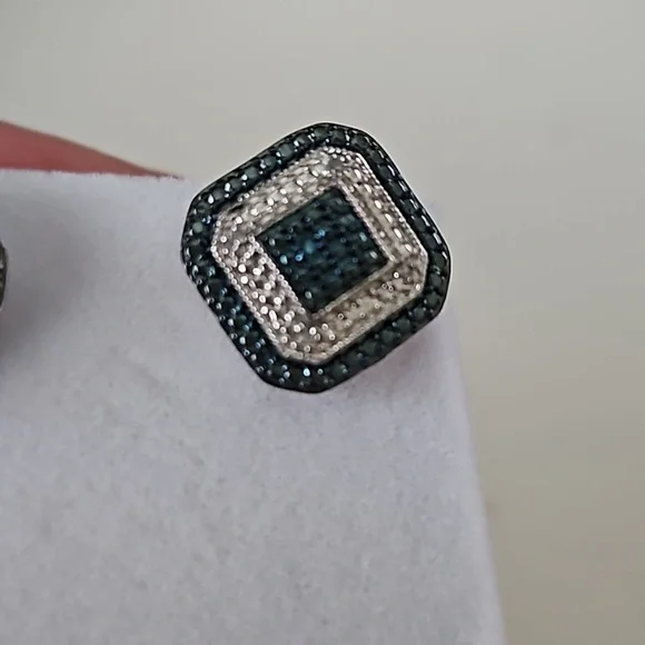 Vintage Genuine Blue Diamond Earrings | Natural Diamond Accented Rhodium - Picture 4 of 5